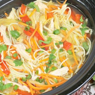 慢炖锅中的亚洲鸡肉面条汤肯定会添加到自制汤旋转中。