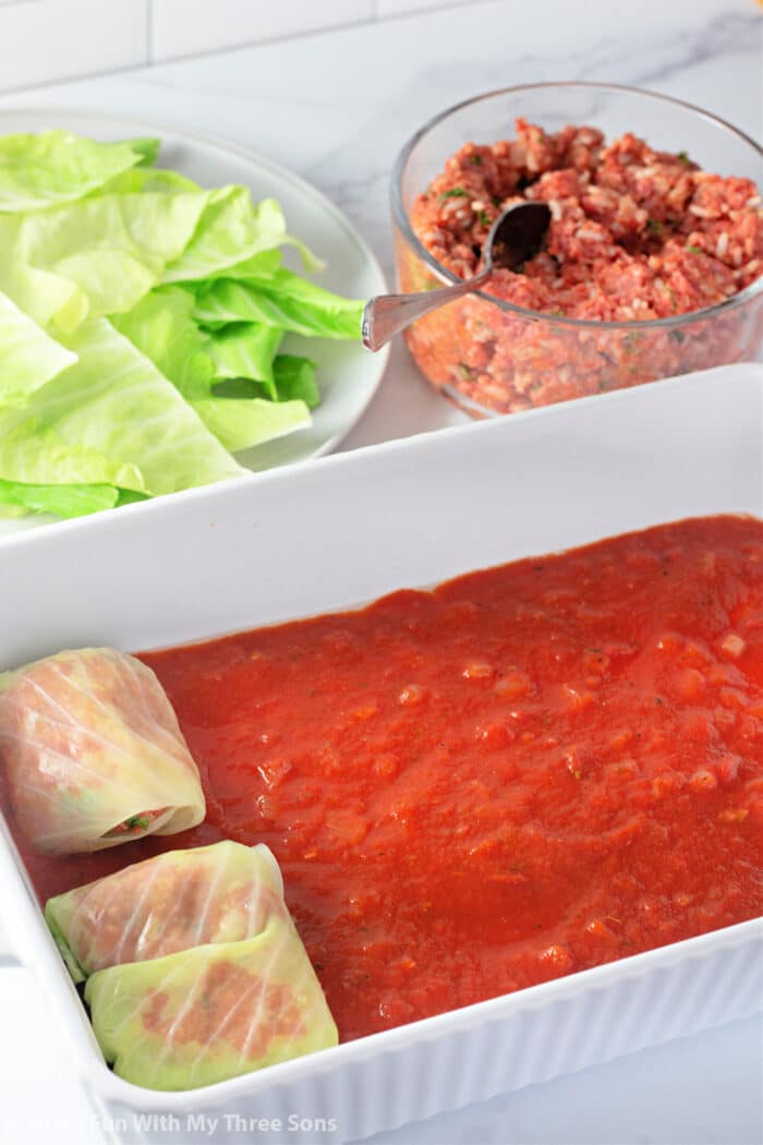 将填充的卷心菜卷放在白色砂锅中的番茄酱床上。