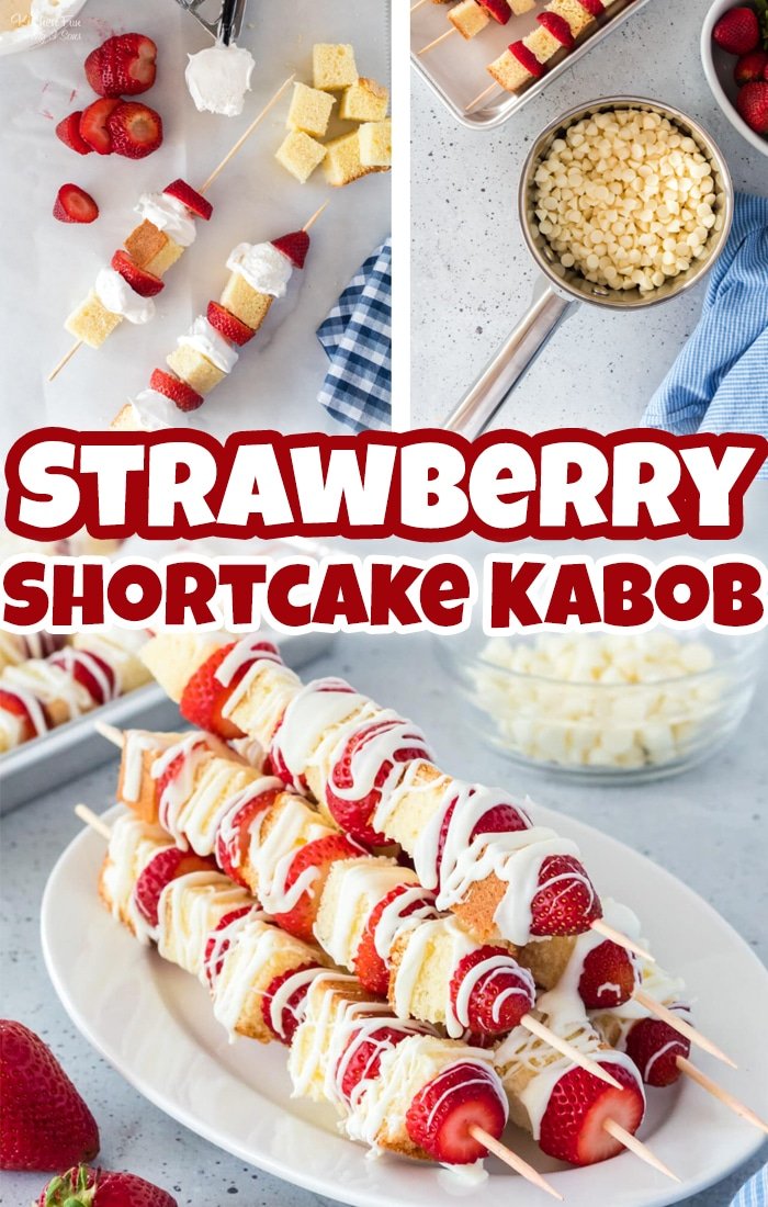 草莓酥饼kabobs -2种方法。通过使用新鲜的草莓和串上的蛋糕，将草莓酥饼置于凹口。